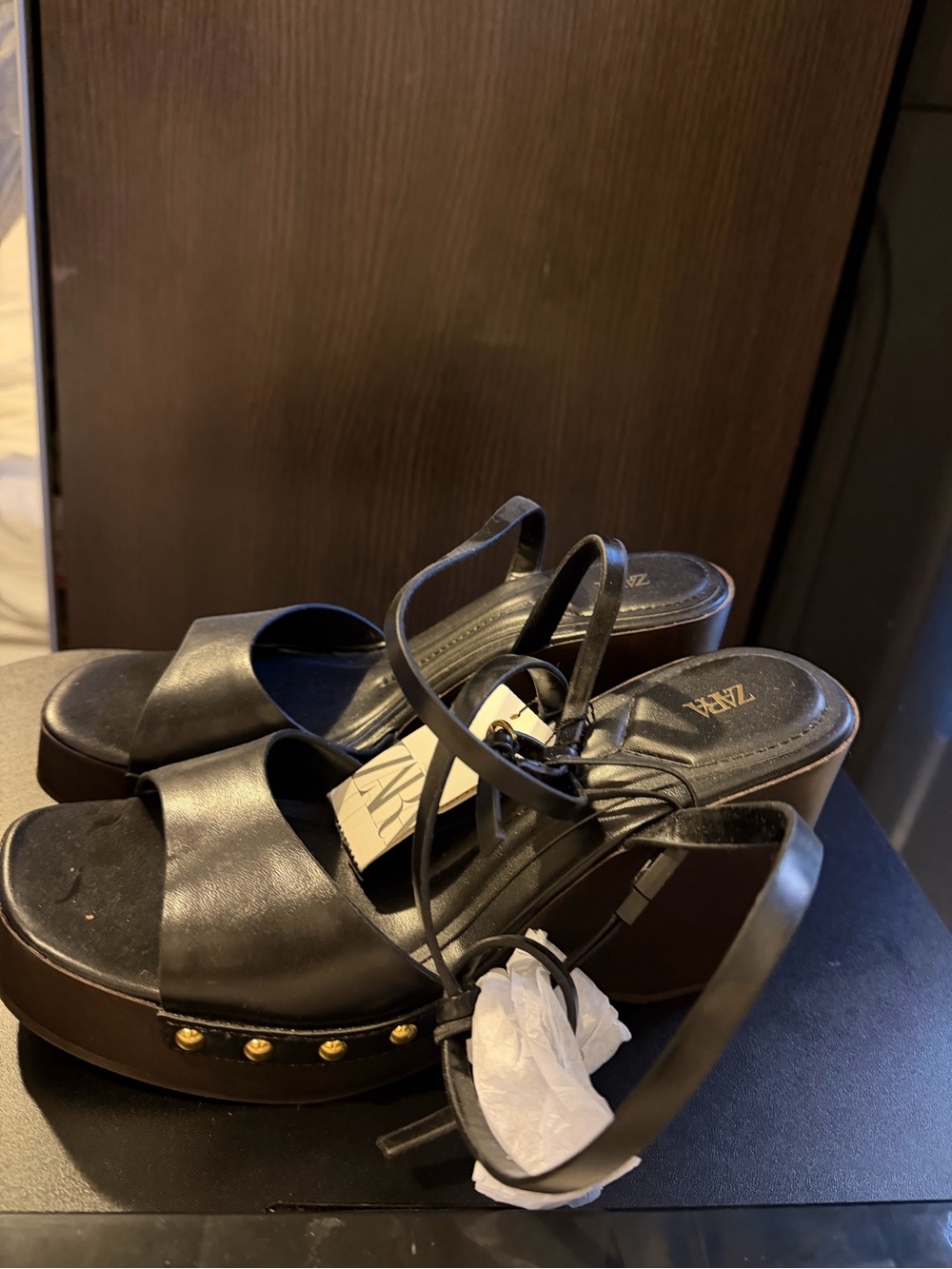 Zara Black Platform Sandals with Gold Stud Detailing